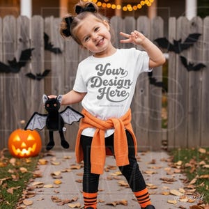 Bella Canvas 3001T Toddler Mockup | White T-Shirt | Halloween Kid's Shirt | Spooky Fall POD BC3001T Child Mock-up PNG Stock photo
