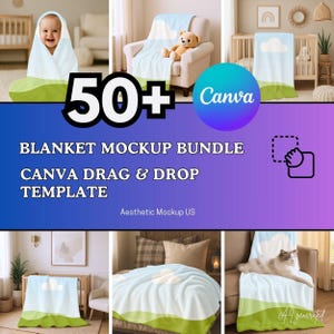 May include: A digital bundle of 50+ blanket mockups featuring a template for Canva. The designs display a light blue sky with white clouds over a green grassy landscape, shown in various settings including a crib, armchair, and sofa.
