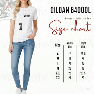 May include: A Gildan 64000L t-shirt size chart displaying a white short-sleeve shirt and a table with measurements in inches. The table lists sizes S through 3XL with corresponding width and length dimensions ranging from 17 to 29 inches.