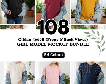 Gildan 5000B T-shirt Mockup Bundle | 108 Front & Back Views |Youth Gildan Girl Model Minimalism Trendy Boho T-Shirt Mock-up Bundle