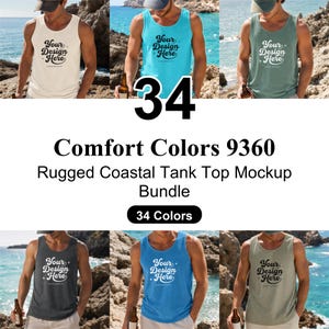 May include: A mockup image showcasing a bundle of tank tops in various colors. The tank tops have the text "Your Design Here" printed on them. The image also includes the text "Comfort Colors 9360 Rugged Coastal Tank Top Mockup Bundle" and "34 Colors".