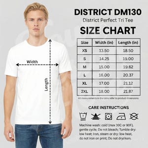Tabla de tallas District DM130 / Guía de la camiseta Perfect Tri, maqueta de camiseta blanca, camiseta Perfect Tri, instrucciones de cuidado de la DM130