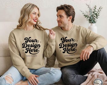 Sand Gildan 18000 Mockup for Couples | Valentine, Family Matching Set Crewneck| Sweatshirt PNG | POD Family Apparel