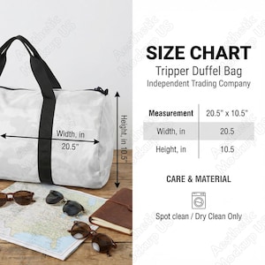 May include: A white duffel bag with a camouflage pattern, black straps, and the text "Tripper Duffel Bag." The bag measures 52 cm wide and 27 cm high. The care instructions are spot clean or dry clean only.