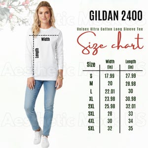 May include: A woman in a white long-sleeve shirt and blue jeans. The image shows a size chart for a Unisex Ultra Cotton Long Sleeve Tee, with measurements in inches for width and length, from size S to 5XL.