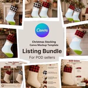 May include: A Christmas stocking Canva mockup template bundle for POD sellers featuring multiple stocking displays with red or black buffalo plaid cuffs, a blue sky and green hill graphic, and a size guide showing 16.00 inches height and 10.25 inches width.