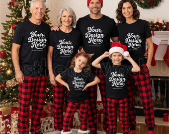 Black Bella Canvas 3001 Christmas Shirt Mockup Family Matching T-shirt Pajamas Holiday Tee Mom Dad Girl  Boy Grandma Grandpa Lifestyle Mock