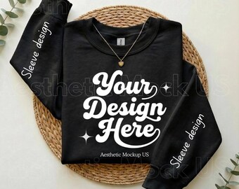 Schwarzes Gildan 18000 Sweatshirt Mockup | Flatlay gefaltetes Rundhals-Ärmel-Mockup für Etsy, Printify POD Verkäufer