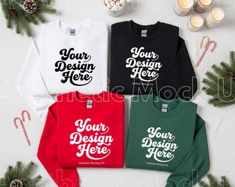 Gildan 18000 Christmas Crewneck Mockup Flat Lay Matching Group Holiday Sweatshirt Black White Red Forest Green