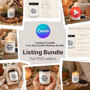 May include: A digital mockup bundle for 9 oz soy candles featuring multiple views of a clear glass jar with a black lid and a white label that says Your Design Here. The collection includes various lifestyle settings and instructional graphics.