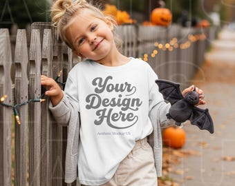 Bella Canvas 3001T Toddler Mockup | White T-Shirt | Halloween Kid's Shirt | Spooky Fall POD BC3001T Child Mock-up PNG Stock photo