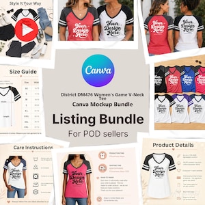 Può includere: Un pacchetto di mockup digitali per t-shirt con scollo a V District DM476, con diverse varianti di colore, tabelle delle taglie e istruzioni per la cura. Le immagini mostrano t-shirt con il testo Your Design Here e varie combinazioni di colori.