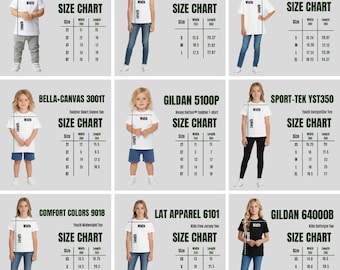 May include: A collection of nine size charts for various children's apparel brands including Gildan, Bella+Canvas, Sport-Tek, Comfort Colors, and LAT Apparel. Each chart displays a model wearing a shirt or tank top with width and length measurements in inches.