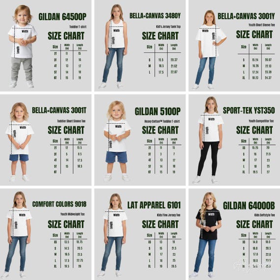12 Printify Kids TShirt Size Chart Bundle |Youth Toddler Tees Tanks |Bella Canvas, Gildan, Comfort Colors, LAT, Rabbit Skins, Sport Tek