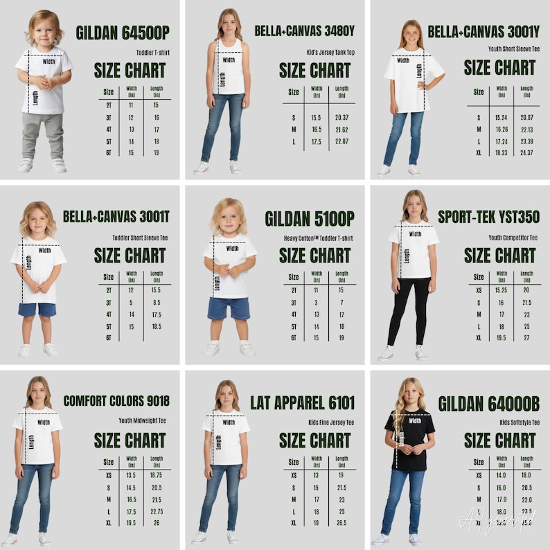 Pacote com 12 tabelas de tamanhos de camisetas infantis da Printify | Camisetas e regatas para bebês e crianças | Bella Canvas, Gildan, Comfort Colors, LAT, Rabbit Skins, Sport Tek imagem 1
