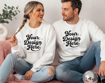 White Gildan 18000 Mockup for Couples | Valentine, Family Matching Set Crewneck| Sweatshirt PNG | POD Family Apparel