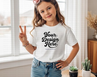 White Bella Canvas 3001Y Mockup | Youth T-Shirt Mockup | Kids Tee Girl Model | Boho Lifestyle Youth Tee PNG Mock BC 3001Y mockups