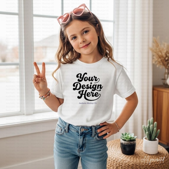 White Bella Canvas 3001Y Mockup | Youth T-Shirt Mockup | Kids Tee Girl Model | Boho Lifestyle Youth Tee PNG Mock BC 3001Y mockups