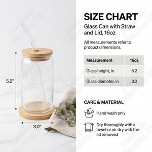 May include: A clear glass can with a bamboo lid, straw, and base. The glass is 5.2 inches tall and 3.0 inches in diameter. The text on the image reads "Glass Can with Straw and Lid, 16oz".