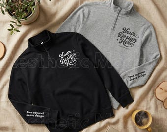 Cotton Heritage M2475 Quarter Zip Mockup |Folded Unisex Fleece Pullover Flat Lay | Blank Black & Grey Sweatshirt POD Embroidery Design