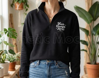 Cotton Heritage M2475 Black Quarter Zip Pullover Mockup | Unisex Fleece Sweatshirt Model | POD Embroidery Design Display
