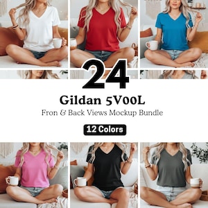 May include: A mockup bundle of Gildan 5V00L V-neck t-shirts in various colors. The image displays multiple t-shirts in white, red, blue, pink, black, and gray. The text on the image reads "24 Gildan 5V00L Front & Back Views Mockup Bundle 12 Colors."