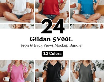 Gildan 5V00L V-Neck T-Shirt Mockups Bundle | Boho Lifestyle Female Model Bundle | Front Back Views | Short Sleeve V Neck tee minimalism mock