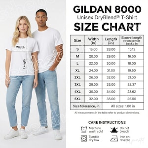 Gildan 8000 サイズ表（男性・女性モデル付き）、DryBlend 測定ガイドとお手入れ方法、ユニセックスシャツサイズ表