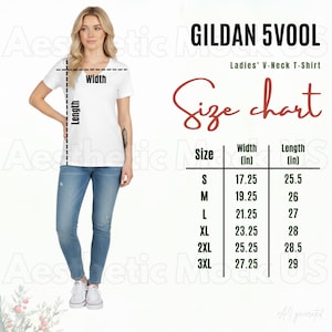 May include: A white V-neck t-shirt size chart for Gildan 5V00L. The chart displays width and length measurements in inches for sizes S through 3XL, ranging from 17.25 to 27.25 inches in width and 25.5 to 29 inches in length, with visual guides.