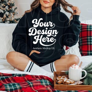 Gildan 18500 Black Hoodie Mockup | Christmas Hoodie Mockup | Holiday Sweatshirt Mockup | Winter Mockup |G185 Retro Boho Lifestyle Xmas Mock