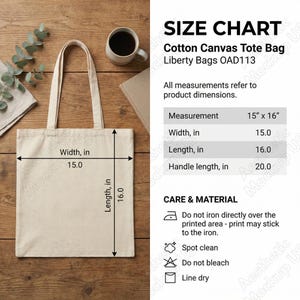 May include: A beige cotton canvas tote bag, measuring 38.1cm x 40.6cm. The bag's width is 38.1cm, length is 40.6cm, and handle length is 50.8cm. Care instructions advise spot cleaning and line drying.