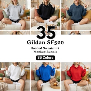 Pode incluir: Um pacote de mockups de hoodies Gildan SF500 em várias cores. A imagem mostra uma variedade de cores, incluindo cinza, preto, marinho, branco, azul e vermelho. O texto na imagem diz "35 Gildan SF500 Hooded Sweatshirt Mockup Bundle 35 Cores."
