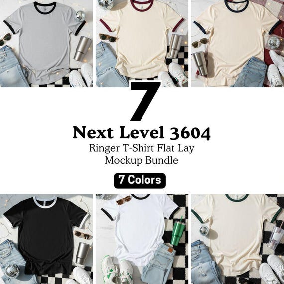 Next Level 3604 Ringer T-Shirt Mockup | Flat Lay Retro Style | POD Shirt Template for Etsy Sellers