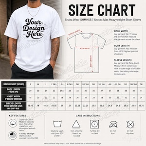 May include: A white short-sleeve t-shirt size chart for Shaka Wear SHMHSS. The graphic displays a white t-shirt, a line drawing diagram with body width, length, and sleeve length labels, a measurement table in inches, and care instruction icons.