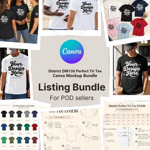May include: A digital mockup bundle for District DM130 Perfect Tri Tee shirts, featuring various color options, a size chart with measurements in inches, and a feature breakdown graphic. The text reads District DM130 Perfect Tri Tee.