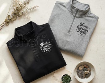 Cotton Heritage M2475 Quarter Zip Mockup | Black & Grey Fleece Pullover | POD Embroidery Design Mockup | Instant Digital Download