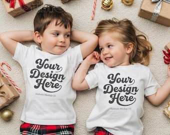 2026 Christmas Bella Canvas 3001T Toddler Sibling Family Mockup|White T-Shirt Mock-up Holiday Group Kids Unisex Family Matching Tee PNG POD