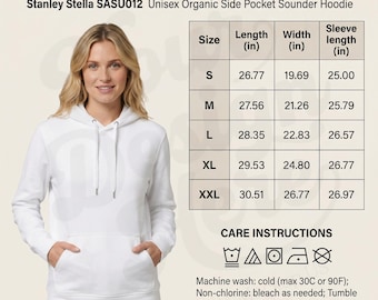 Stanley Stella SASU012 Size Chart | Unisex Organic Side Pocket Sounder Hoodie Size Guide Care Instruction