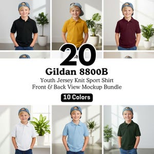 May include: A mockup bundle of Gildan 8800B youth jersey knit sport shirts in various colors. The image shows children wearing the shirts in black, yellow, burgundy, white, light blue, and dark green. The text on the image says "20 Gildan 8800B Youth Jersey Knit Sport Shirt Front & Back View Mockup Bundle 10 Colors."