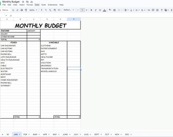 May include: A digital spreadsheet labelled "MONTHLY BUDGET" with columns for income, fixed expenses, and variable expenses. Categories include salary, car insurance, and groceries. The spreadsheet is open in a web browser.
