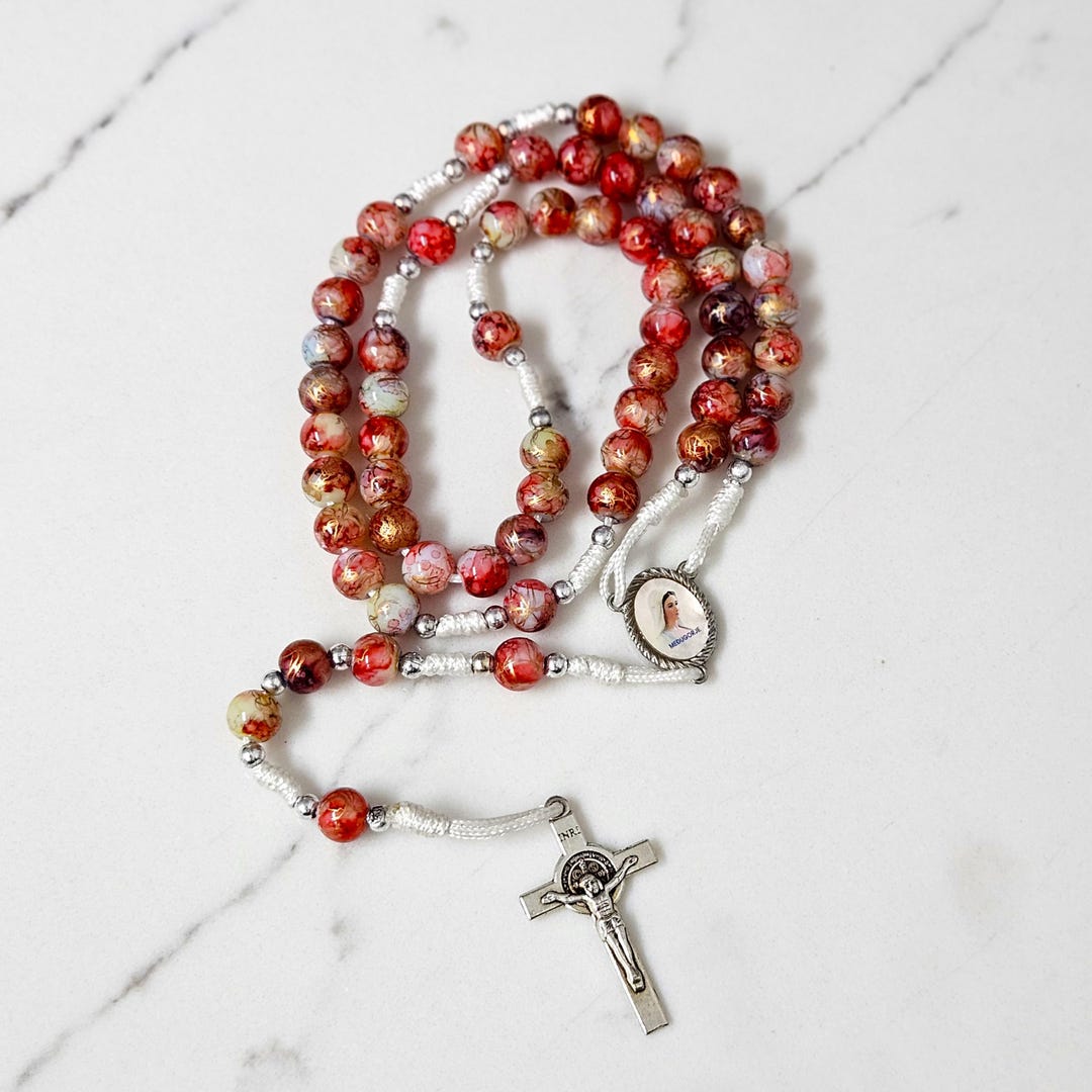Red Variegated Glass Rosary - Elegant Spackled Rosary Beads, 