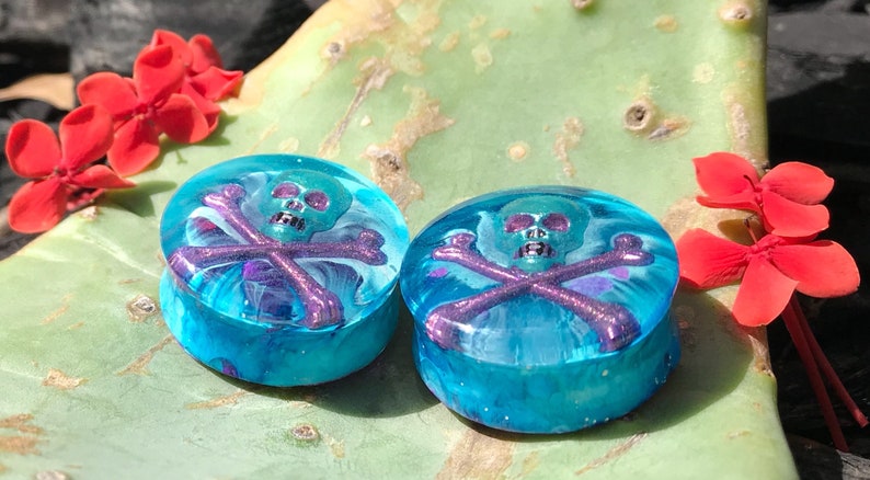 Skeleton Ear Plugs 25mm- Halloween EarPlugs Lolita Blue and Purple Skull Gauges Luchador Skull Plugs 25mm 1 Double Flared Resin Plugs