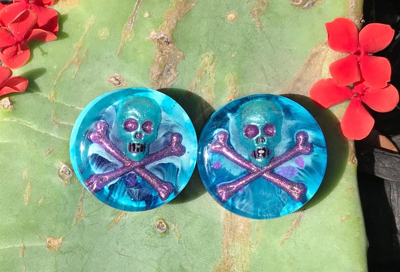 Skeleton Ear Plugs 25mm- Halloween EarPlugs Lolita Blue and Purple Skull Gauges Luchador Skull Plugs 25mm 1 Double Flared Resin Plugs
