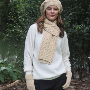 Pure Alpaca Beanie women in chunky cable knit pattern, honey colored.