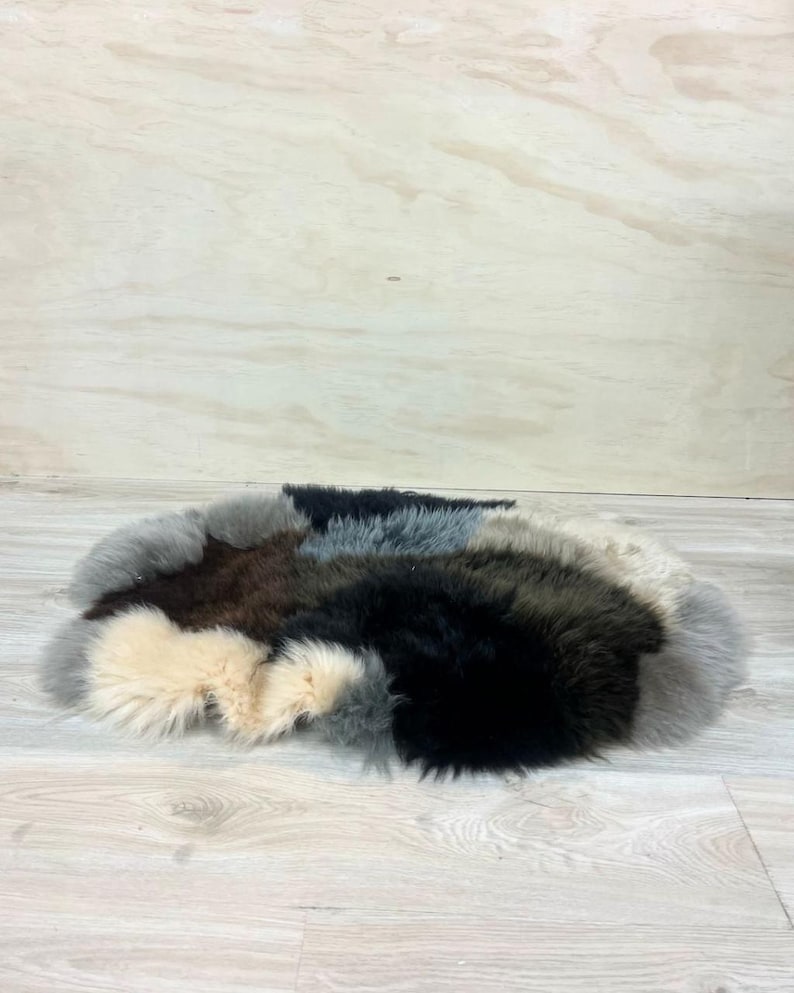 Oval Sheepskin Pet Bed – Multi-Colour Patched Design