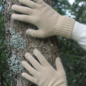 May include: A pair of beige knit gloves featuring a fine, soft texture and ribbed cuffs. The gloves are constructed with a standard five-finger design, showcasing a consistent, smooth stitch pattern throughout the hand and wrist area.