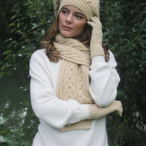 Pure Alpaca Beanie women in chunky cable knit pattern, honey colored.