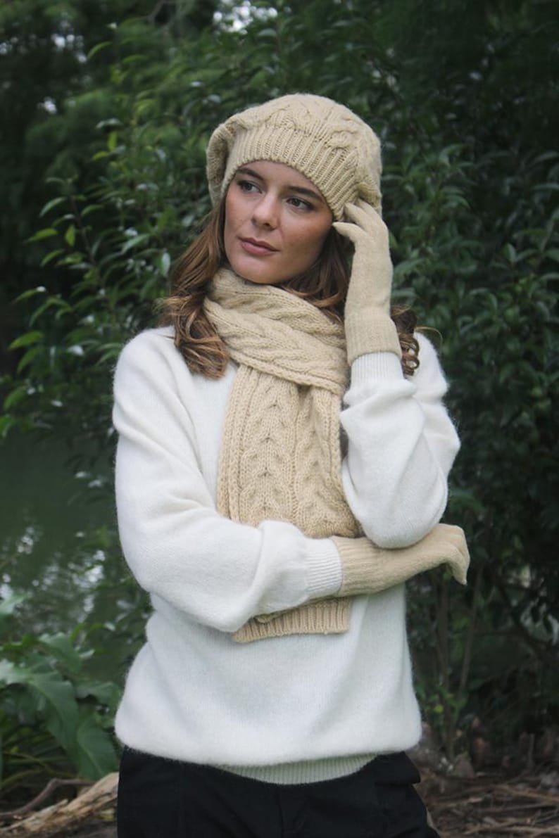 Pure Alpaca Beanie women in chunky cable knit pattern, honey colored.