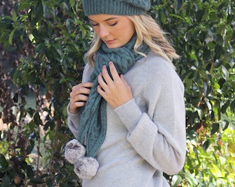 Possum Merino Relaxed Cable Beanie with Rabbit Fur Pompom