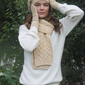 Pure Alpaca Beanie women in chunky cable knit pattern, honey colored.